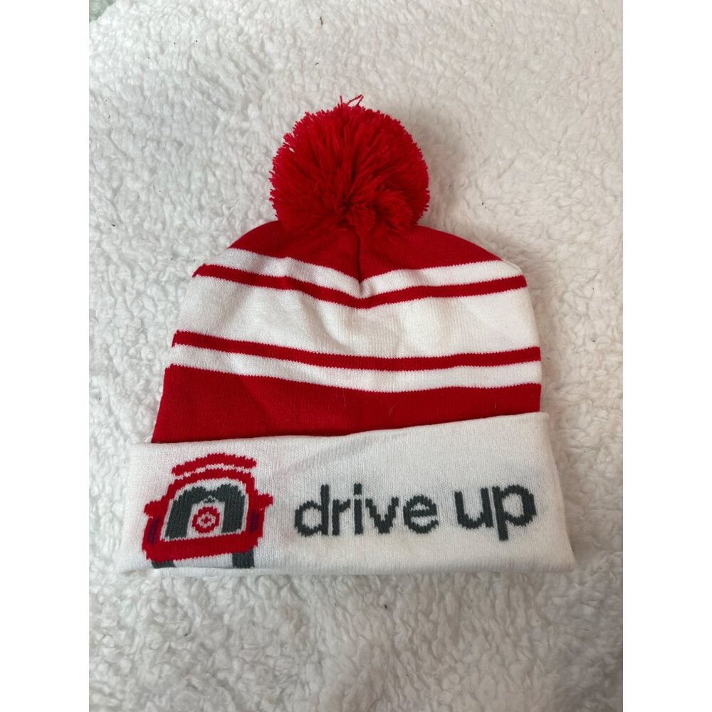 Target Drive Up Red and White striped Pom Beanie Hat